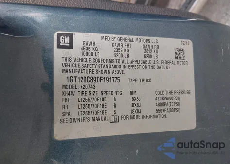 2013 GMC Sierra 2500Hd Sle z USA, uszkodzony, nr VIN 1GT120C89DF191775